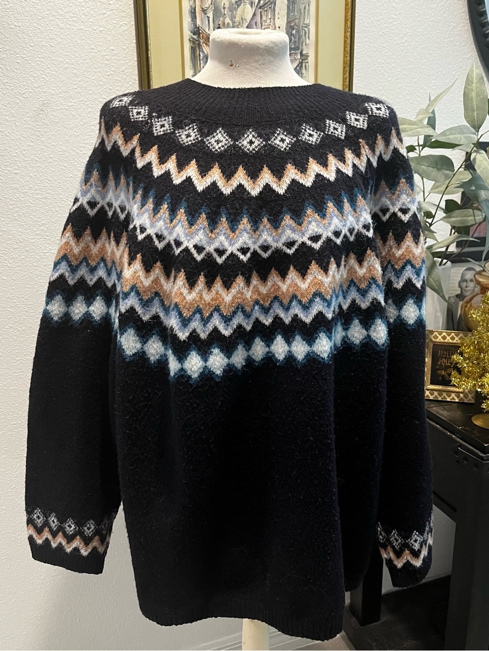 croft & barrow Navy Blue Crewneck Sweater Blue & Brown Fair Isle Pattern Plus 3X